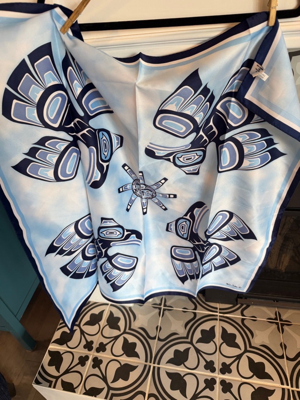 WADE BAKER Light Blue & Navy Silk Scarf with Indigenous-Inspired Bird Motif